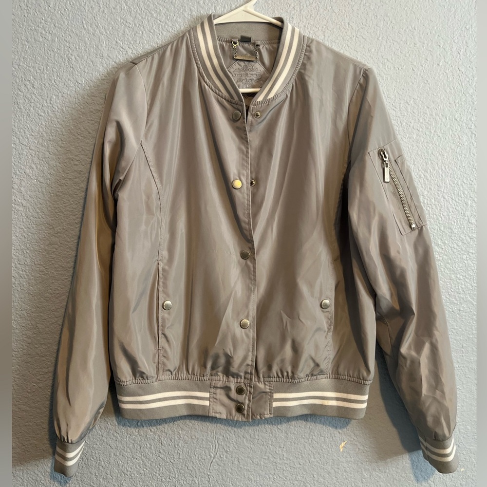 Gray Bomber Jacket with Striped Trim